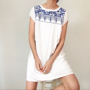 Embroidered blue + white flowy dress